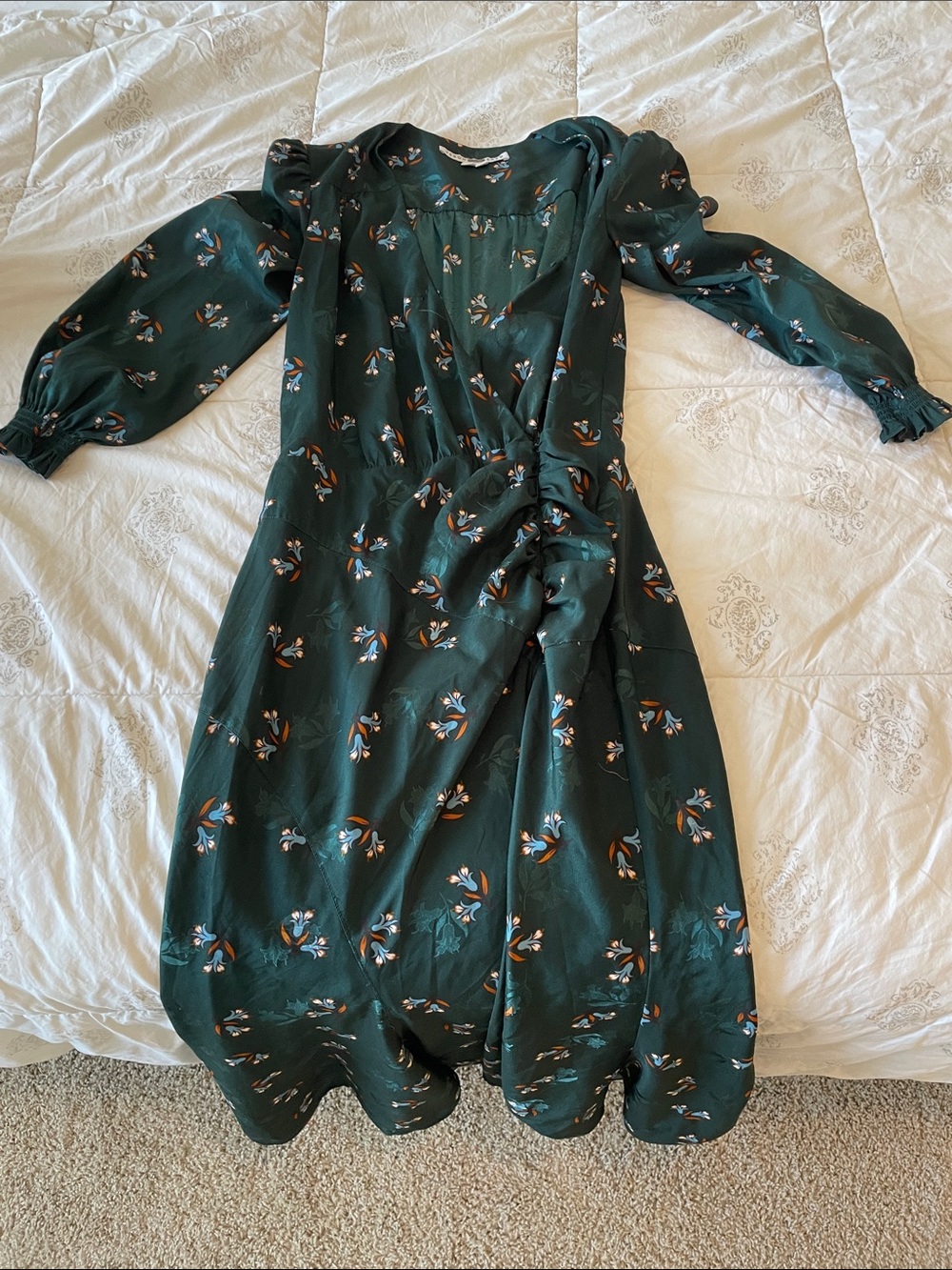 Veronica Beard Yasmeen Dress Floral Print Satin 3/4 Sleeve Midi Evergreen 0